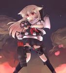  blonde_hair explosion fang fingerless_gloves gloves hair_flaps hair_ornament hair_ribbon hairclip kantai_collection long_hair looking_at_viewer machinery night night_sky open_mouth red_eyes remodel_(kantai_collection) ribbon ryuuga_nanamaru sky solo thigh_strap torpedo turret yuudachi_(kantai_collection) 