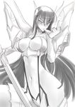  bakuzan breasts cleavage cleavage_cutout haganef junketsu kill_la_kill kiryuuin_satsuki large_breasts long_hair middle_finger monochrome mouth_hold navel revealing_clothes sketch solo sword weapon 