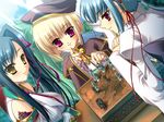  3girls bell beret black_hair blonde_hair blue_hair blush board_game chess chouun game_cg hat hikage_eiji kan&#039;u kan'u koihime_musou long_hair multiple_girls pink_eyes ribbon shokatsuryou yellow_eyes 