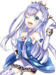  ;d aqua_eyes bracelet crown dress elbow_gloves gloves hand_on_hip jewelry long_hair looking_at_viewer one_eye_closed open_mouth outbreak_company petralka_anne_eldant_iii purple_hair ribbon smile solo strapless strapless_dress thighhighs you-ki_(youki_free) 