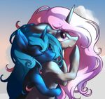  blue_fur blue_hair cute duo equine eyes_closed female feral friendship_is_magic from_behind fur hair horn horse hug long_hair mammal my_little_pony outside pony princess_celestia_(mlp) princess_luna_(mlp) purple_eyes sibling sisters smile toki young 