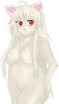  albino big_breasts breasts chest_tuft female fluffy fur fuzzy hair long_hair mammal marten mustelid pine_marten red_eyes sleepymomo smile solo tuft white_body white_hair 