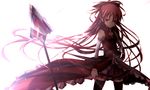  bare_shoulders black_legwear hair_ribbon hand_on_hip highres kiriya_black long_hair mahou_shoujo_madoka_magica polearm ponytail red_eyes red_hair ribbon sakura_kyouko skirt smile solo spear thighhighs weapon 