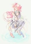  ^_^ akemi_homura bad_id bad_pixiv_id black_hair blush buriki_neko closed_eyes colored_pencil_(medium) gloves hair_ribbon highres hug hug_from_behind kaname_madoka long_hair mahou_shoujo_madoka_magica multiple_girls pink_hair ribbon short_hair skirt smile traditional_media twintails 