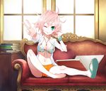  barefoot bikini_top breasts cleavage couch front-tie_top green_eyes indoors kujou_non medium_breasts navel one_eye_closed open_clothes open_shirt original pink_hair sandals shirt shoes short_hair shorts single_shoe sitting solo v 