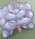  anthro beefcake biceps big_muscles blush crouching erection looking_down machoke maldu male muscles nintendo nipple_pinch nipples nude pecs penis plain_background pok&#233;mon pok&eacute;mon precum solo sweat tongue tongue_out video_games 