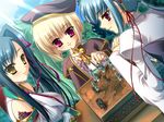  3girls bell beret black_hair blonde_hair blue_hair blush board_game chess chouun game_cg hat hikage_eiji kan&#039;u kan'u koihime_musou long_hair multiple_girls pink_eyes ribbon shokatsuryou yellow_eyes 