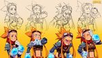  1girl angry bandana blush breasts concept_art crop_top cryamore cryamore_condenser detached_sleeves esmyrelda_maximus expressions facepalm freckles gloves goggles goggles_on_head highres long_hair md5_mismatch medium_breasts midriff multiple_views navel official_art orange_eyes orange_hair pauldrons resized robert_porter sidelocks spiked_hair suspenders sweatdrop upscaled white_gloves 