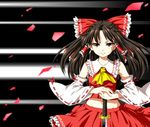  ascot bad_id bad_pixiv_id black_background black_hair bow detached_sleeves frown hair_bow hair_tubes hakurei_reimu hands_on_hilt katana light_trail long_hair looking_at_viewer midriff navel nora_wanko shards skirt skirt_set solo sword touhou weapon wind yellow_eyes 