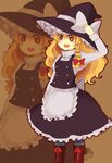  :d apron bad_id bad_pixiv_id black_dress black_hat black_shirt black_skirt blonde_hair boots bow braid collared_shirt dress frilled_apron frilled_dress frilled_hat frilled_skirt frills hair_bow hand_on_headwear hat hat_bow highres hovering_kousin kirisame_marisa long_hair long_sleeves looking_at_viewer open_mouth orange_eyes shirt skirt skirt_set sleeve_cuffs smile solo star star-shaped_pupils symbol-shaped_pupils touhou undershirt white_bow witch_hat 