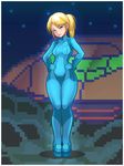  blonde_hair blue_eyes bodysuit breasts hands_on_hips lips long_hair louis_lloyd-judson metroid pixelated ponytail samus_aran skin_tight small_breasts solo thigh_gap zero_suit 