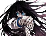  black_hair blue_eyes glowing glowing_eyes hands_on_hilt kill_la_kill kiryuuin_satsuki rokamo serious simple_background solo white_background wind 