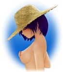  1girl acerbi blush breasts brown_eyes bust female hat nipple_tweak nipples nude original purple_hair short_hair solo upper_body 