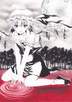  acrylic_paint_(medium) ankle_socks bad_id bad_pixiv_id cloud cloudy_sky flandre_scarlet full_moon greyscale hadzu@_(hadukinn120) hat looking_at_viewer millipen_(medium) mob_cap monochrome moon parted_lips puffy_short_sleeves puffy_sleeves red_eyes reflection ripples short_hair short_sleeves side_ponytail sitting skirt skirt_set sky solo spot_color touhou traditional_media tree wariza wings 