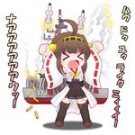  &gt;_&lt; ahoge arms_up brown_hair closed_eyes detached_sleeves firing flare hair_ornament hairband headgear huge_ahoge japan_maritime_self-defense_force japan_self-defense_force japanese_clothes kantai_collection kongou_(jmsdf) kongou_(kantai_collection) long_hair metal_wolf_chaos military missile no_nose object_namesake open_mouth president_michael_wilson shell_casing skirt solo stolas_(lemegeton) thighhighs wide_sleeves 