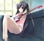  bare_legs barefoot black_hair blush brown_eyes camisole couch electric_guitar guitar indoors instrument k-on! long_hair looking_at_viewer nakano_azusa panties sakana sitting smile solo twintails underwear underwear_only very_long_hair white_panties window 