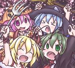  &gt;_&lt; :d ^_^ ^o^ alternate_costume antennae bad_id bad_pixiv_id blonde_hair blue_hair broom cirno closed_eyes demon_horns fang green_eyes green_hair hair_ribbon halloween hat horns multiple_girls mystia_lorelei open_mouth pink_hair polearm pumpkin_hat purple_eyes ribbon rumia short_hair smile takanoru team_9 touhou trident weapon witch_hat wriggle_nightbug 