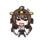  &gt;_&lt; :d ahoge boots brown_hair chibi closed_eyes double_bun full_body hair_ornament hairband heart heart_in_mouth ine_(karategoukun) kantai_collection kongou_(kantai_collection) long_hair nontraditional_miko open_mouth pleated_skirt skirt smile solo thigh_boots thighhighs white_background xd 