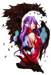  alternate_costume barrier black_thorn_morgana breasts elbow_gloves gloves hexagon league_of_legends long_hair medium_breasts morgana pointy_ears purple_eyes purple_hair red_gloves solo thelittlefirefly watermark wings 