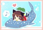  animal_ears blush_stickers brown_hair cat_ears cat_tail chen earrings fish hat jewelry multiple_tails musical_note nagamo_sakana nekomata short_hair tail touhou two_tails whale_shark 