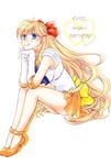  aino_minako back_bow bishoujo_senshi_sailor_moon blonde_hair blue_eyes bow chin_rest choker dated earrings elbow_gloves full_body gloves hair_bow half_updo happy_birthday heart high_heels jewelry long_hair magical_girl moka_(une-corolle) orange_choker orange_skirt red_bow sailor_senshi_uniform sailor_venus simple_background sitting skirt smile solo strappy_heels tiara white_background white_gloves 