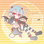  alternate_costume angeltype argyle argyle_background bat bat_wings bloomers blue_hair blush_stickers bow costume demon demon_girl fang grey_hair hair_ornament hairclip hat horns izayoi_sakuya jitome multiple_girls red_eyes remilia_scarlet short_hair smile striped striped_legwear tail thighhighs touhou underwear wings witch_hat 