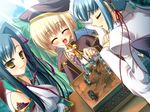  3girls bell beret black_hair blonde_hair blue_hair blush board_game chess chouun eyes_closed game_cg hat hikage_eiji kan&#039;u kan'u koihime_musou long_hair multiple_girls ribbon shokatsuryou yellow_eyes 