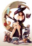  :p apple book breasts cleavage crossed_legs dragon's_crown food fruit hat highres lamp large_breasts legs long_hair multiple_girls one_eye_closed red_eyes red_hair scroll sitting skull sorceress_(dragon's_crown) staff tienao tiki_(dragon's_crown) tongue tongue_out witch_hat 