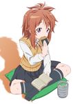  asahigaoka_school_uniform highres kneehighs koshigaya_natsumi no_shoes non_non_biyori purple_eyes red_hair school_uniform senbei short_hair solo sweater_vest tatsuya_(guild_plus) 