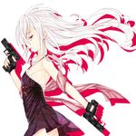  breasts dual_wielding earrings fingerless_gloves from_side glock gloves gun handgun holding jewelry long_hair nail_polish open_mouth original pistol red_eyes ribbon ribs sash small_breasts solo strap_gap weapon white_hair you-ki_(youki_free) 