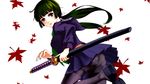  green_hair katana leaves mizuki_ame original panties pantyhose ponytail purple_eyes seifuku sword underwear weapon 