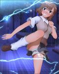  1girl blush breasts brown_eyes brown_hair clenched_teeth highres leg_up legs looking_at_viewer medium_breasts misaka_mikoto school_uniform shoes short_hair shorts skirt socks solo standing teeth thighs to_aru_kagaku_no_railgun to_aru_majutsu_no_index yadokari_genpachirou 