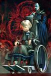  1girl black_dress child creepy dress frilled_dress frills gothic mask s_zenith_lee short_hair sitting wheelchair white_hair yellow_eyes 