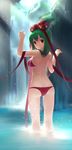  alternate_costume ass bikini blush bow breasts front_ponytail green_eyes green_hair hair_bow hair_ribbon kagiyama_hina long_hair looking_at_viewer looking_back medium_breasts red_bikini ribbon smile solo swimsuit touhou water waterfall zimajiang 