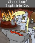  anvil apron bacon blacksmith blonde_hair clothing cutie_mark derpy_hooves_(mlp) english_text equine female feral fire food friendship_is_magic fur grey_fur hair hammer horse king-kakapo long_hair looking_at_viewer mammal meat my_little_pony pegasus pony shovel smile smoke solo text tools wings yellow_eyes 