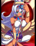  ankh armlet beads between_breasts bracelet breasts dark_skin dress earrings egyptian green_eyes headdress isis_(shinrabanshou) jewelry katami_shinta large_breasts looking_at_viewer low_wings neck_ring pillarboxed pointy_ears shinrabanshou smile solo staff uraeus white_hair wings 