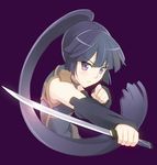  akatsuki_(log_horizon) detached_sleeves korisei lens_flare log_horizon long_hair ninjatou ponytail purple_background purple_eyes purple_hair short_sword simple_background solo sword weapon 