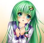  alternate_costume bad_id bad_pixiv_id blush frog_hair_ornament green_eyes green_hair hair_ornament hair_tubes kochiya_sanae long_hair long_sleeves open_mouth school_uniform serafuku snake_hair_ornament solo soraneko_(192355) tears touhou 