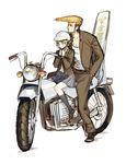  bad_id bad_pixiv_id brown_eyes brown_hair danganronpa danganronpa_1 fujisaki_chihiro ground_vehicle helmet long_hair male_focus motor_vehicle motorcycle multiple_boys multiple_riders noako oowada_mondo otoko_no_ko skirt 