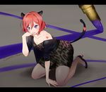  all_fours animal_ears animal_print bad_id bad_pixiv_id black_legwear blush cat_ears cat_tail chin_rest dress hairband leopard_print lipstick lipstick_tube love_live! love_live!_school_idol_project makeup nishikino_maki off_shoulder pantyhose print_dress purple_eyes red_hair short_hair smile solo song_name tail ume_(plumblossom) 