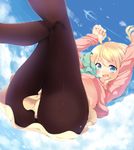  ahoge aircraft airplane black_legwear blonde_hair blue_eyes blush esia_mariveninne komone_ushio long_legs looking_at_viewer one_eye_closed open_mouth original pantyhose short_hair skirt smile solo 