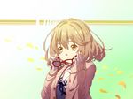  bad_id bad_pixiv_id bandages bob_cut brown_hair cardigan close-up glasses hola jewelry kuriyama_mirai kyoukai_no_kanata red-framed_eyewear removing_eyewear ring school_uniform serafuku short_hair solo yellow_eyes 