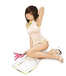  1girl acerbi adjusting_hair blush breasts brown_eyes brown_hair chinese_clothes female flower high_heels long_hair looking_at_viewer nipples open_mouth open_shoes see-through see-through_silhouette sitting solo yokozuwari 