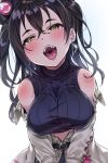  1girl bangs bare_shoulders belt black_hair blush breasts buckle casual cropped_sweater earrings eyebrows_visible_through_hair glint grey_jacket hair_between_eyes hair_ornament head_tilt highres idolmaster idolmaster_cinderella_girls idolmaster_cinderella_girls_starlight_stage jacket jewelry large_breasts long_hair looking_at_viewer mole mole_under_eye off_shoulder open_mouth pov purple_sweater ribbed_sweater sharp_teeth sleeveless_sweater solo sunazuka_akira sweater teeth tem10 tongue tongue_out two_side_up yellow_eyes 