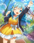  amusement_park cloud day dress ensemble_girls! ensemble_girls_(artist) ferris_wheel hassaku_tsuyuri jacket long_hair official_art one_eye_closed open_mouth sky smile solo watermark 