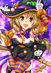  blonde_hair blush breasts broom brown_eyes candy cleavage food gloves hair_ornament halloween hat kittan_(cve27426) large_breasts long_hair open_mouth original skirt solo thighhighs witch_hat 