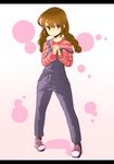  braid breasts brown_hair futaba_no_taiko hands_together jewelry large_breasts letterboxed no_nose original overalls pigeon-toed purple_eyes ring shoes sneakers solo strap_slip striped striped_sweater sweater twin_braids 