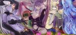  5girls alisfieze_fateburn_xvi alma_elma animal_ears blonde_hair breast_grab breasts demon_girl dragon_girl erubetie fox_ears goo_girl grabbing granberia green_eyes highres horns kitsune lamia large_breasts mon-musu_quest! monster_girl multiple_girls pointy_ears purple_eyes purple_hair purple_skin scroll slime_girl succubus tamamo_(mon-musu_quest!) tattoo un_do yellow_eyes 