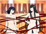  black_hair blue_eyes breasts censored collarbone convenient_censoring frown hair_ornament hairclip highlights hime_cut kill_la_kill kiryuuin_satsuki long_hair matoi_ryuuko medium_breasts multicolored_hair multiple_girls navel nude red_ribbon ribbon sabachiyo_land streaked_hair 