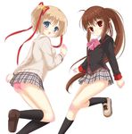  bad_id bad_pixiv_id blonde_hair blue_eyes bow brown_hair kamikita_komari little_busters! loafers long_hair multiple_girls natsume_rin nine_wangwang panties pantyshot pink_bow pink_panties plaid plaid_skirt ponytail red_eyes school_uniform shoes short_hair skirt sneakers underwear 